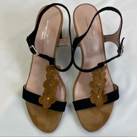 Brenda Zaro Suede Sandals Black Camel 39 7 Flowers Made in Spain Low Heel Straps - Picture 7 of 10